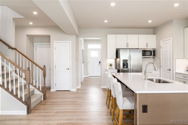 Interior, Kitchen, Recessed Lighting, Stainless Steel Appliances, Wood Texture Flooring