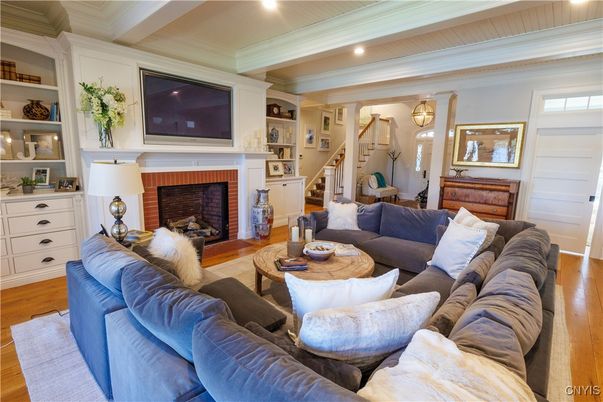 Fireplace, Interior, Living room, Recessed Lighting, Wood Texture Flooring