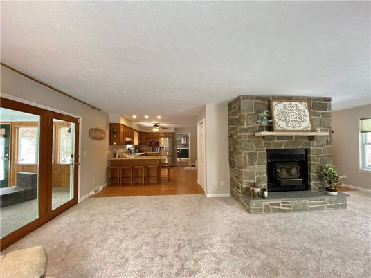 Fireplace, Interior, Kitchen, Pendant Lights, Recessed Lighting, Stone Walls, Wood Texture Flooring