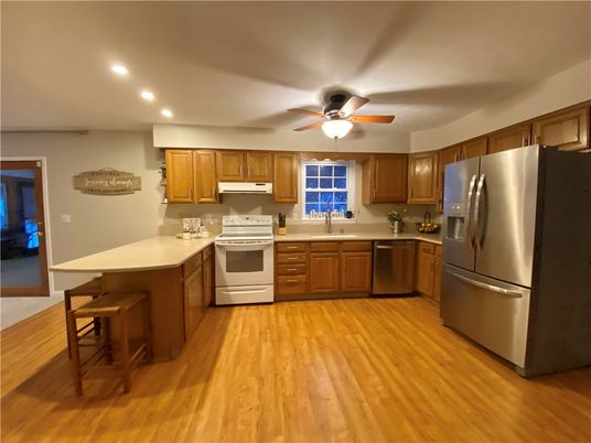 Interior, Kitchen, Recessed Lighting, Stainless Steel Appliances, Wood Texture Flooring