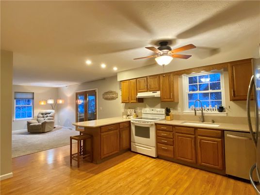 Interior, Kitchen, Living room, Recessed Lighting, Stainless Steel Appliances, Wood Texture Flooring