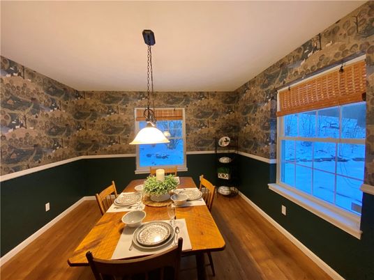 Dining room, Interior, Pendant Lights, Wood Texture Flooring