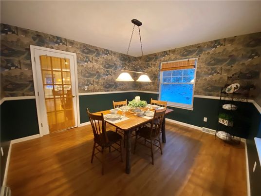 Dining room, Interior, Pendant Lights, Wood Texture Flooring