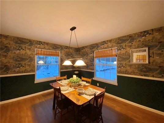 Dining room, Interior, Pendant Lights, Wood Texture Flooring