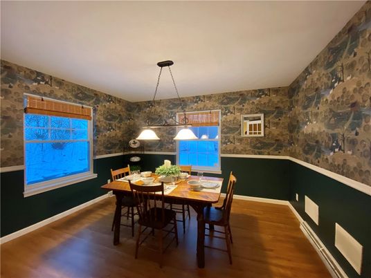 Dining room, Interior, Pendant Lights, Wood Texture Flooring