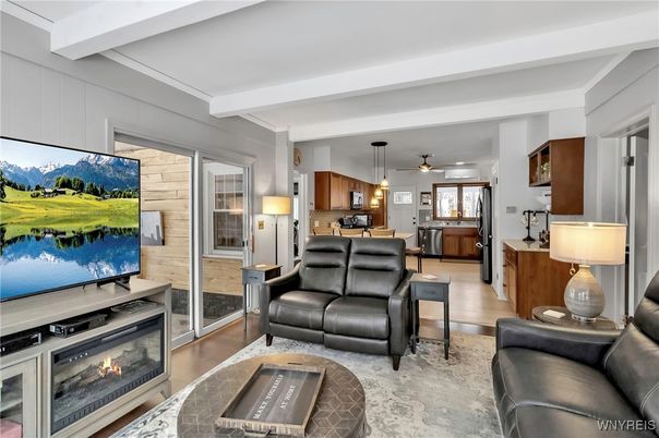 Fireplace, Interior, Kitchen, Living room, Pendant Lights, Stone Walls, Wood Texture Flooring