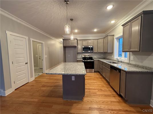 Interior, Kitchen, Pendant Lights, Recessed Lighting, Stainless Steel Appliances, Wood Texture Flooring