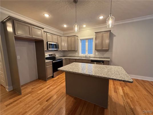 Interior, Kitchen, Pendant Lights, Recessed Lighting, Stainless Steel Appliances, Wood Texture Flooring