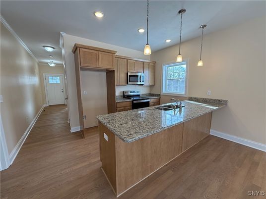 Interior, Kitchen, Pendant Lights, Recessed Lighting, Stainless Steel Appliances, Wood Texture Flooring
