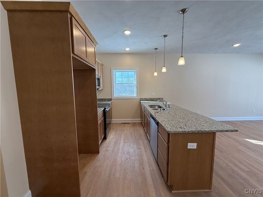 Interior, Kitchen, Pendant Lights, Recessed Lighting, Wood Texture Flooring