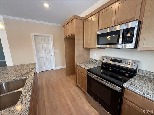 Interior, Kitchen, Recessed Lighting, Stainless Steel Appliances, Wood Texture Flooring