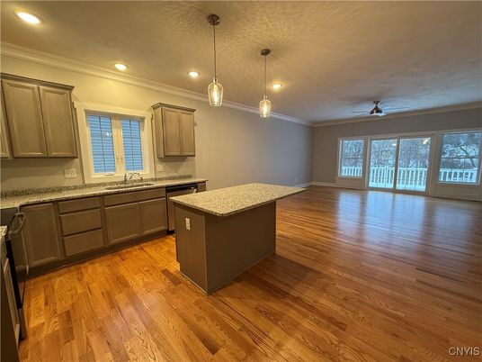 Interior, Kitchen, Pendant Lights, Recessed Lighting, Wood Texture Flooring