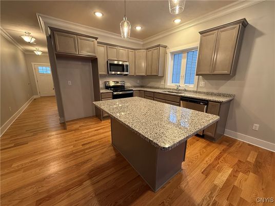 Interior, Kitchen, Pendant Lights, Recessed Lighting, Stainless Steel Appliances, Wood Texture Flooring