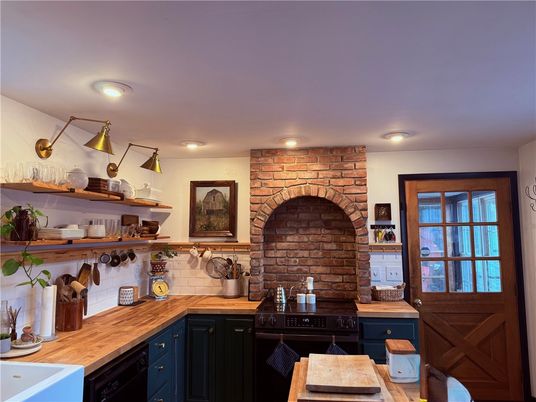 Fireplace, Interior, Kitchen, Recessed Lighting, Stone Walls