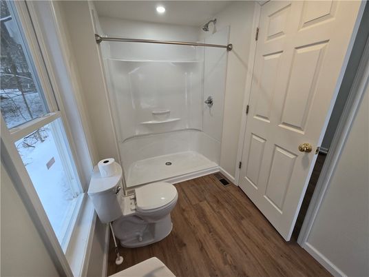 Bathroom, Glass Shower, Interior, Recessed Lighting, Wood Texture Flooring