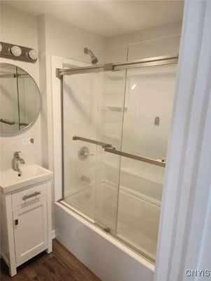 Bathroom, Glass Shower, Interior, Wood Texture Flooring