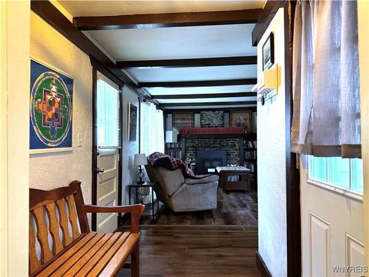 Fireplace, Interior, Living room, Stone Walls, Wooden Beams, Wood Texture Flooring
