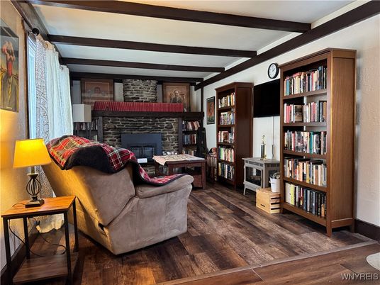 Fireplace, Interior, Living room, Stone Walls, Wooden Beams, Wood Texture Flooring
