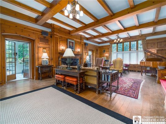 Chandelier, Fireplace, Interior, Living room, Piano, Wooden Beams, Wood Texture Flooring, Wooden Walls