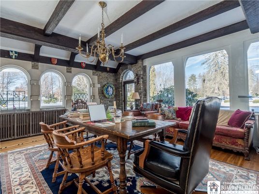 Chandelier, Dining room, Interior, Living room, Stone Walls, Wooden Beams, Wood Texture Flooring