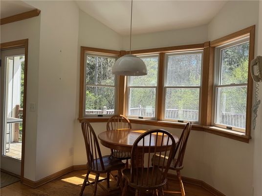 Dining room, Interior, Pendant Lights, Wood Texture Flooring