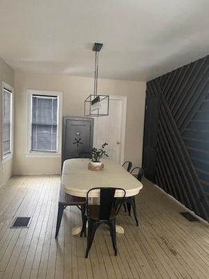 Dining room, Interior, Pendant Lights, Wood Texture Flooring