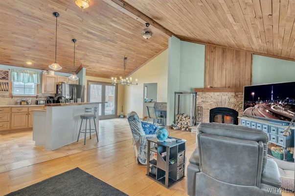 Dining room, Fireplace, Interior, Kitchen, Living room, Pendant Lights, Wooden Ceilings, Wood Texture Flooring