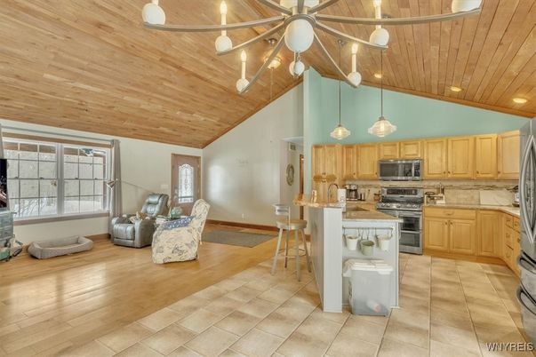 Interior, Kitchen, Pendant Lights, Stainless Steel Appliances, Wooden Ceilings, Wood Texture Flooring