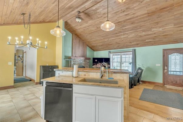Fireplace, Interior, Kitchen, Pendant Lights, Wooden Ceilings