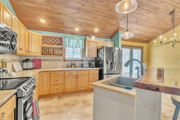 Interior, Kitchen, Pendant Lights, Recessed Lighting, Stainless Steel Appliances, Wooden Ceilings