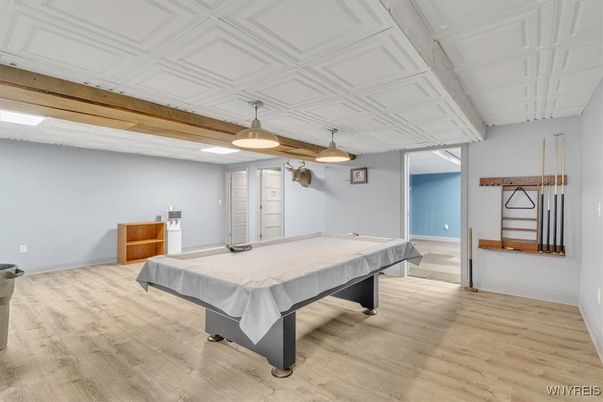 Billiard Table, Game Room, Interior, Pendant Lights, Wood Texture Flooring