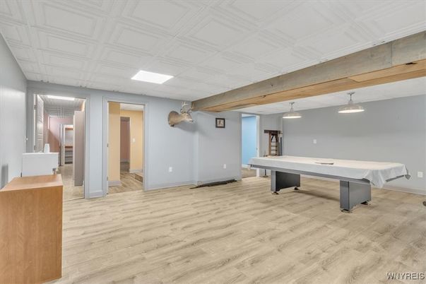 Billiard Table, Game Room, Interior, Pendant Lights, Wooden Beams, Wood Texture Flooring