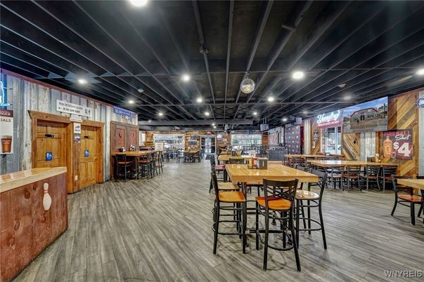 Dining room, Interior, Recessed Lighting, Wood Texture Flooring, Wooden Walls