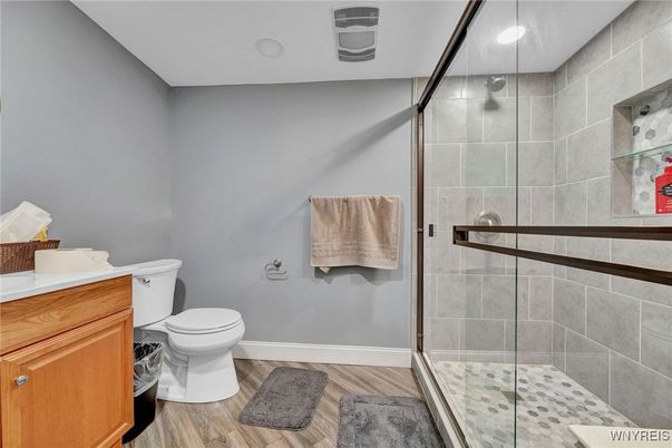 Bathroom, Glass Shower, Interior, Wood Texture Flooring