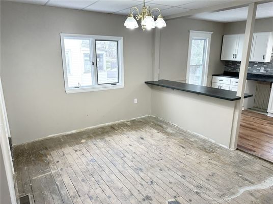 Empty room, Interior, Kitchen, Pendant Lights, Wood Texture Flooring
