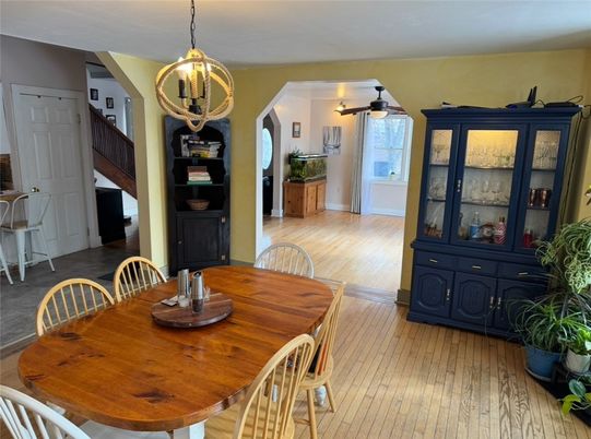 Dining room, Interior, Pendant Lights, Wood Texture Flooring