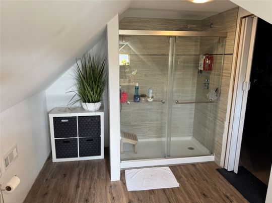 Bathroom, Glass Shower, Interior, Wood Texture Flooring
