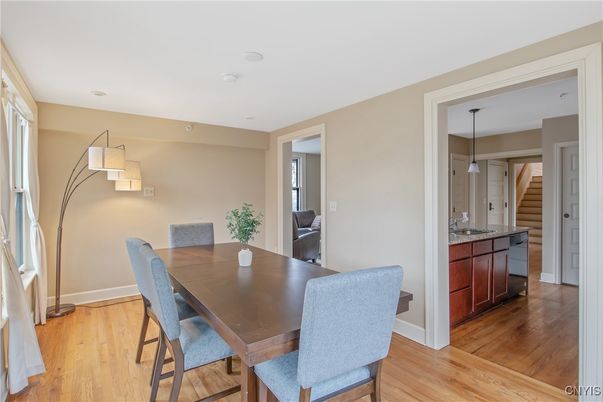 Dining room, Interior, Pendant Lights, Wood Texture Flooring