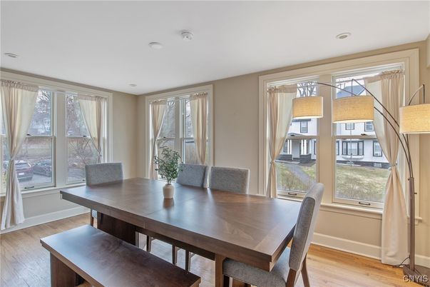 Dining room, Interior, Recessed Lighting, Wood Texture Flooring