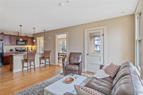 Dining room, Interior, Kitchen, Living room, Pendant Lights, Stainless Steel Appliances, Wood Texture Flooring