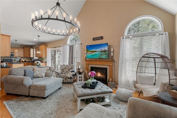 Chandelier, Fireplace, Interior, Kitchen, Living room, Pendant Lights, Wood Texture Flooring