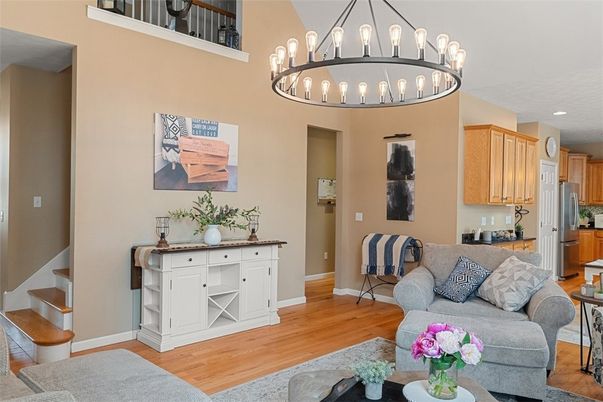Chandelier, Interior, Kitchen, Living room, Recessed Lighting, Wood Texture Flooring