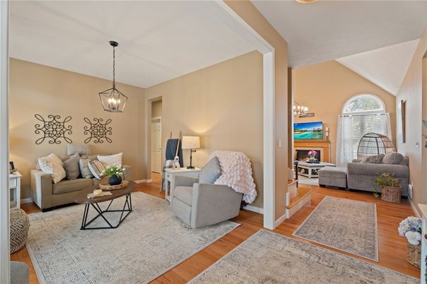 Fireplace, Interior, Living room, Pendant Lights, Wood Texture Flooring