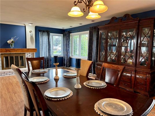 Dining room, Fireplace, Interior, Wood Texture Flooring