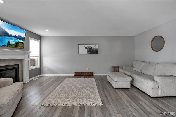Fireplace, Interior, Recessed Lighting, Wood Texture Flooring