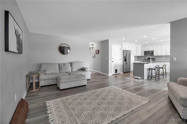 Interior, Kitchen, Living room, Recessed Lighting, Stainless Steel Appliances, Wood Texture Flooring