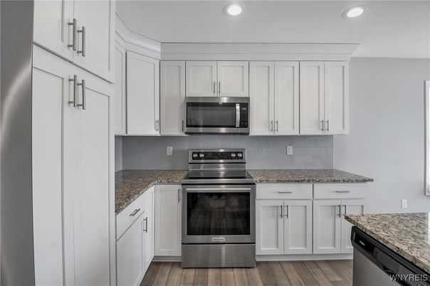Interior, Kitchen, Recessed Lighting, Stainless Steel Appliances, Wood Texture Flooring
