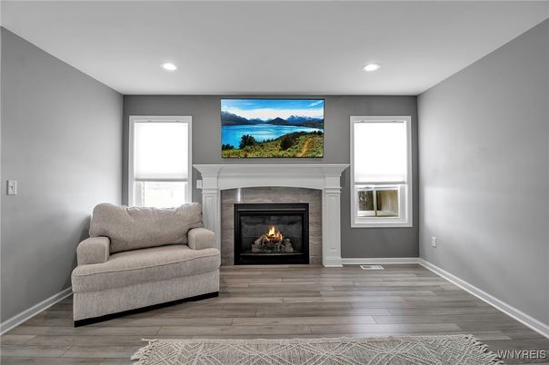 Empty room, Fireplace, Interior, Recessed Lighting, Wood Texture Flooring