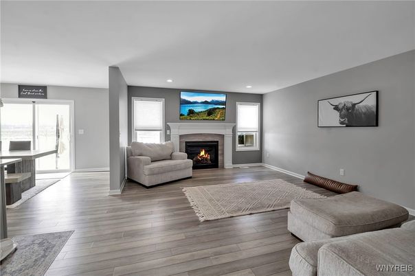 Fireplace, Interior, Recessed Lighting, Wood Texture Flooring
