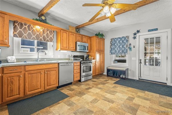 Interior, Kitchen, Stainless Steel Appliances, Wooden Beams